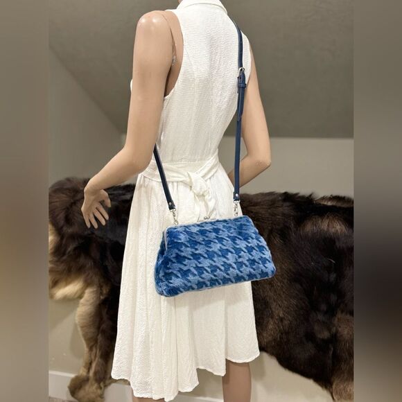 Blue Houndstooth Genuine Shearling Leather Kisslock Handbag, Multi Use Style - Picture 8 of 16